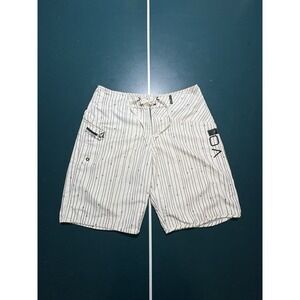 Vintage Y2K Volcom Board Shorts Men's 34 Cargo Pinstriped AOP Skater Swim Trunks